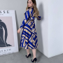 Платье Esthetic Code Stefania бежевый синий электрик геометрия на запах твил атлас