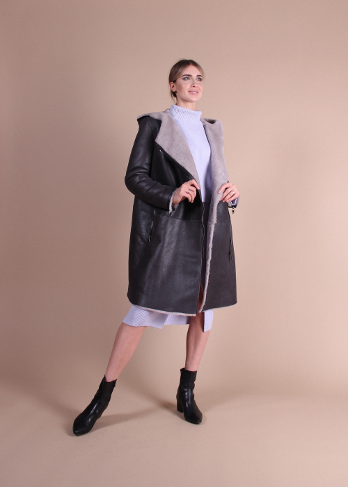 Дубленка Esthetic Code 1659 крек графит /св мех куртка женская из овчины меховой с отделкой кожей натуральной